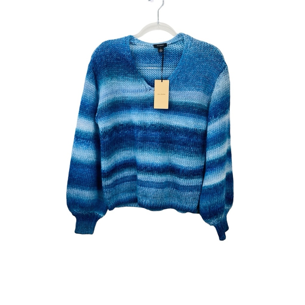 Halogen Knit Sweater Womens Small Striped Blue V Neck Long Sleeve Pullover Relax - Picture 3 of 8